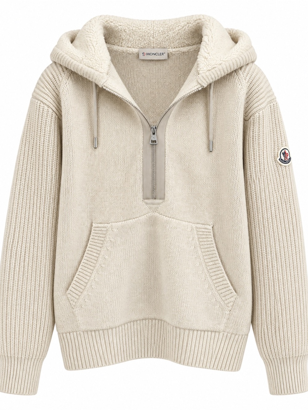 Moncler Men's Cream Hooded Half-Zip Knit Sweater
